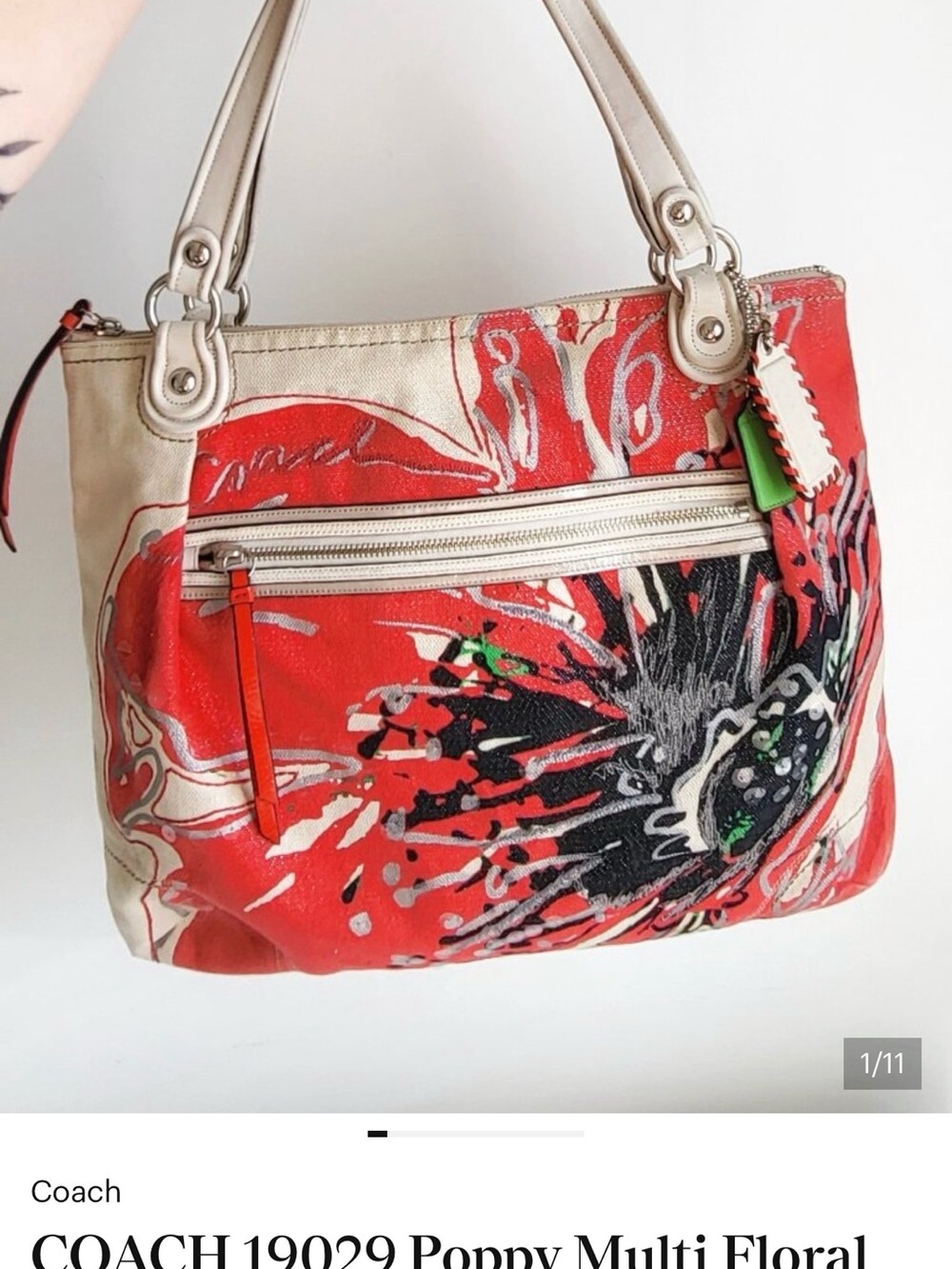 Coach Red Poppy Multi Floral Shoulder Bag with Cream Trim